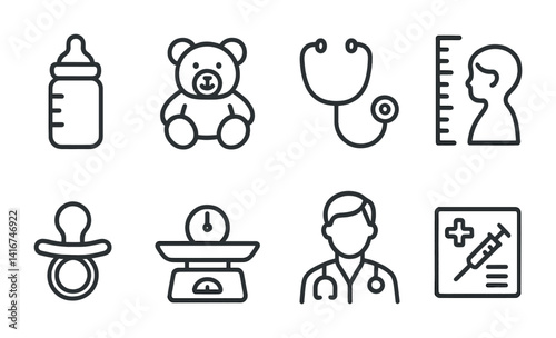 Baby care and pediatric essentials: bottle, teddy, stethoscope, scale, doctor, medical chart icons.