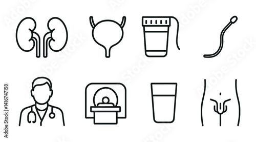 Urology icons: kidney, bladder, urine test, doctor, mri, hydration, reproductive health.