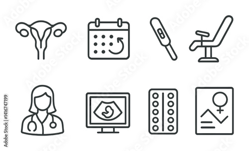 Gynecology and reproductive health icons: pregnancy test, doctor, medical tools.