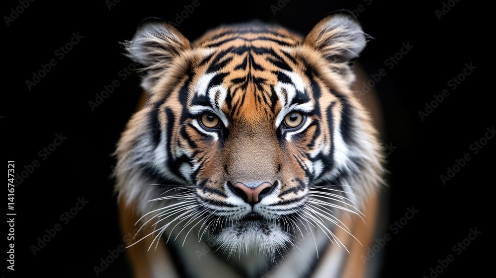 Obraz premium Close-up of a tiger's intense gaze. A striking portrait of a tiger, showcasing its powerful features and focused expression against a stark black background