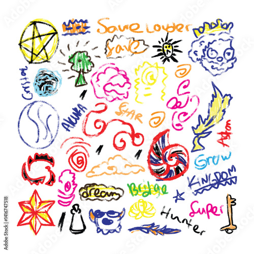Childhood dreams and fantasies. Kids imagination Magic. Fairy tales for children. Fantasy children's hand drawings on the wall with colored crayons. Scribble in the background. Funny cartoon character
