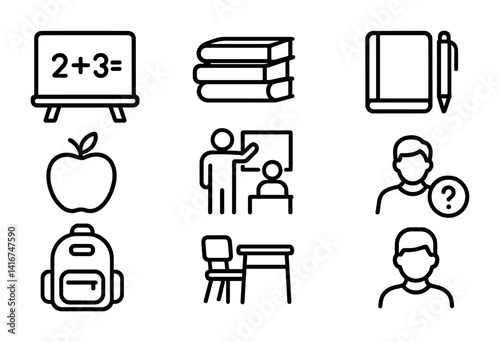 Simple classroom icons: math, books, notebook, apple, teaching, backpack, desk, question.