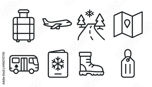 Winter travel icons: suitcase, airplane, snowy road, trees, map, rv, passport, boot, tag.
