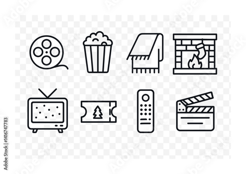 Film night essentials: movie reel, popcorn, blanket, fireplace, tv, ticket, remote, clapperboard icons.
