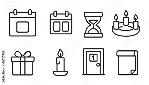 Minimalist icons of calendar, hourglass, candle, gift, and door for planning and celebration themes.