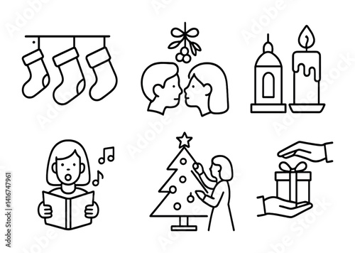 Christmas icons: stockings, singing, mistletoe, lantern, candle, gift, tree.