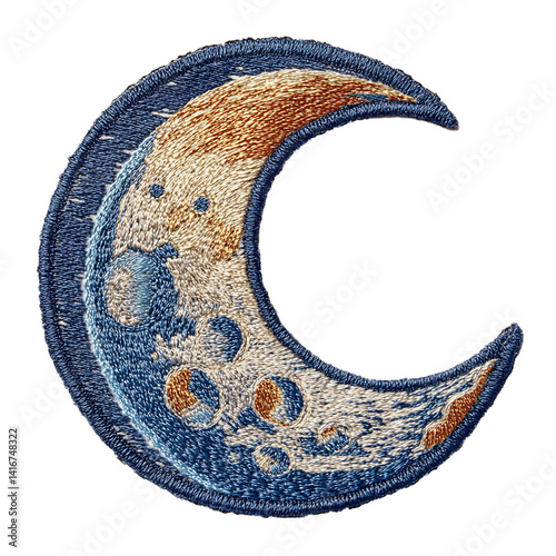 A moon in embroidery patch isolated on the white background.