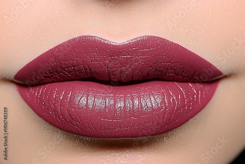 Close-up of woman's lips with a rich plum-colored lipstick.