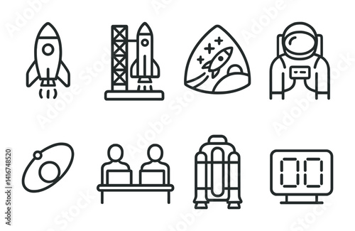 Space exploration icons: rocket, astronaut, launch pad, jetpack, orbit symbol.