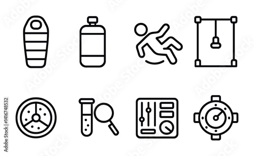 Outdoor adventure icons: sleeping bag, water bottle, climbing, rappelling, compass, stopwatch.
