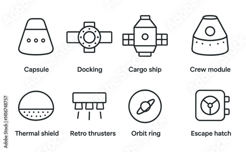 Set of spacecraft icons featuring capsules, docking modules, cargo ships, and more.