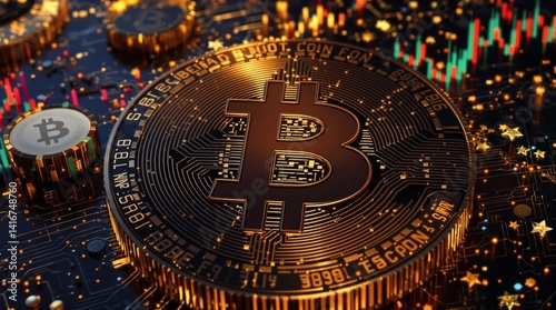 Detailed Bitcoin macro shot on digital circuitry with blurred stock graph and tokens