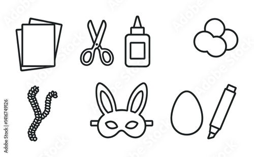 Diy craft supplies: paper, scissors, glue, pom poms, yarn, mask, egg, marker.