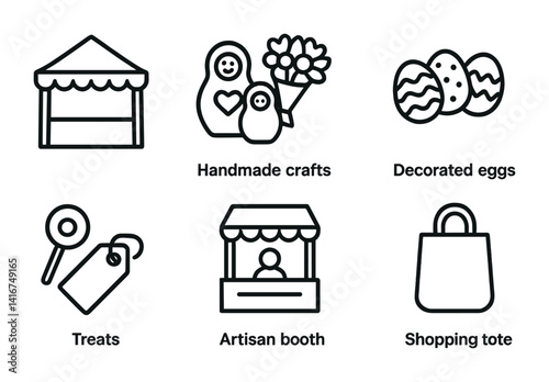 Market icons: artisan booths, handmade crafts, decorated eggs, treats, and shopping tote.