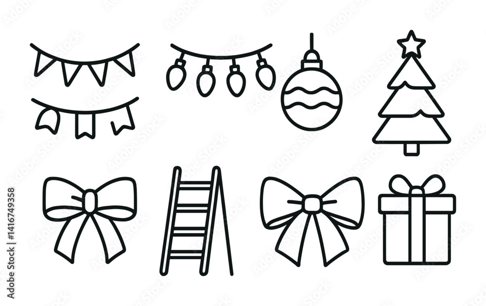 Fototapeta premium Festive holiday decorations: banners, lights, ornaments, tree, bows, gifts, ladder icons.
