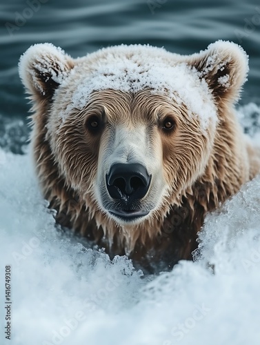 Grizzly Bear Emerging From Icy Waters with Snow Covered Fur Closeup