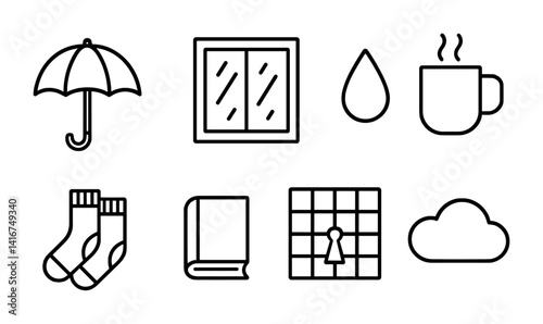 Simple outline icons: umbrella, window, drop, mug, socks, book, keypad, cloud.