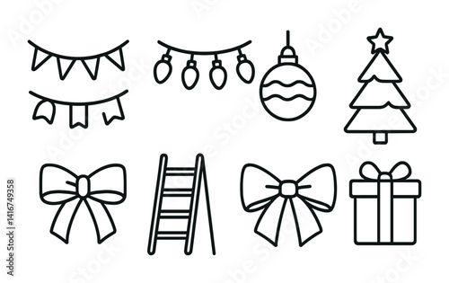 Festive holiday decorations: banners, lights, ornaments, tree, bows, gifts, ladder icons.