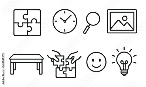 Puzzle, clock, magnifying glass, image, table, hand, smiley, light bulb icons.
