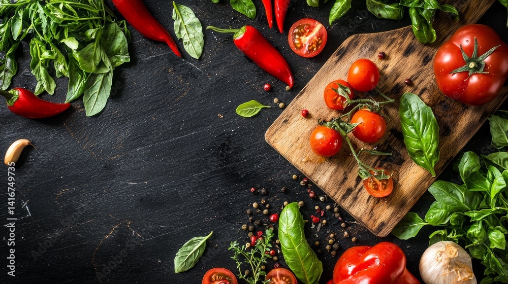 Fresh vegetables on black slate with cutting board and spices