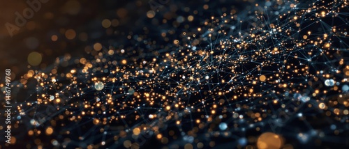 Intricate digital network of glowing orange particles and blue lines