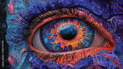 Cosmic Eye: Vibrant Abstract Painting with Iridescent Galaxy Texture