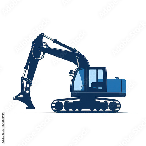 A blue excavator is positioned on a construction site, ready for digging, with a clear sky in the background, showcasing an active work environment , isolated on white or transparent png