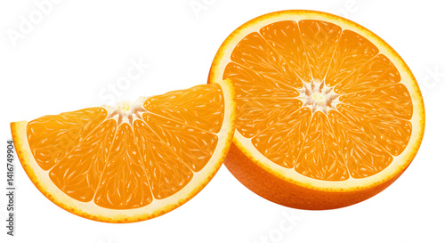 A pair of juicy orange slices with bright color and detailed texture placed on white background used in food, health or fresh fruit visuals for natural and nutrition themes