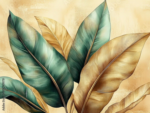 Intricate art featuring the beauty of stylized palm leaves in shades of teal and gold. A rich combination creates a sense of elegance and tranquility. 