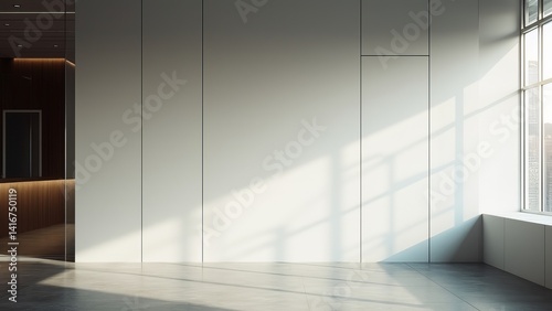 Empty modern interior with a white wall illuminated by window sunlight and shadows