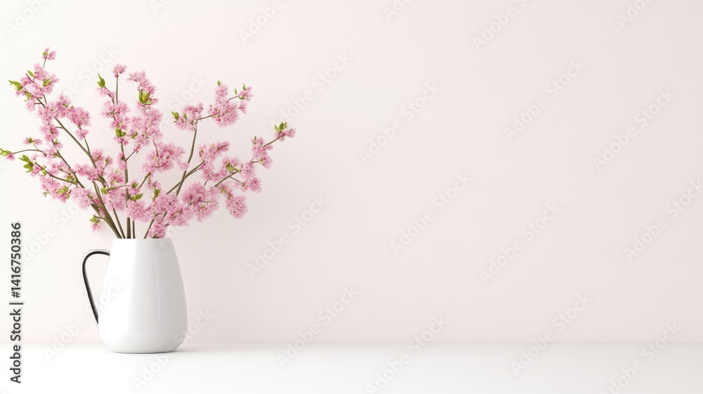 Pink cherry blossoms in a white vase against a pastel pink wall Pink cherry blossoms in a white vase against a pastel pink wall