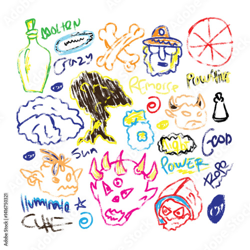 Childhood dreams and fantasies. Kids imagination Magic. Fairy tales for children. Fantasy children's hand drawings on the wall with colored crayons. Scribble in the background. Funny cartoon character