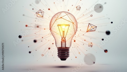 Glowing light bulb with radiating abstract geometric shapes and lines