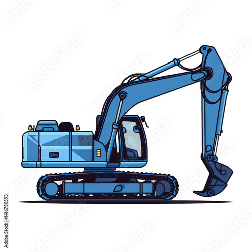 A blue excavator stands ready for construction work, showcasing its articulated arm and bucket, set against a clear background , isolated on white or transparent png
