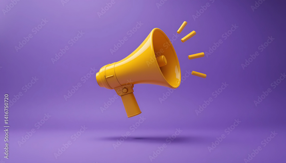 Bright Yellow Megaphone Floating Against a Purple Backdrop Conveys Energy and Enthusiasm in a Creative Design Concept
