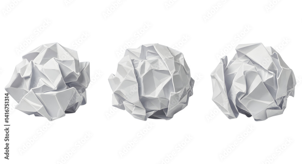 Naklejka premium Three crumpled paper balls placed in a row on white background symbolizing failed attempts, discarded ideas or frustration in work or creative processes