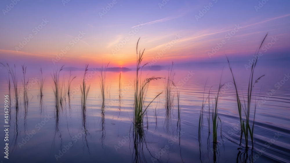 Reeds in water at dusk landscape Reeds in water at dusk landscape