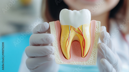 A close-up of a tooth model in hand