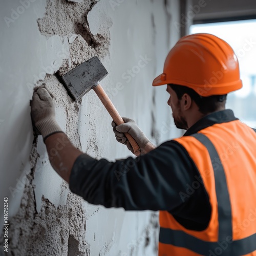 A construction worker hits a wall with a hammer, representing hard work and determination in building renovation