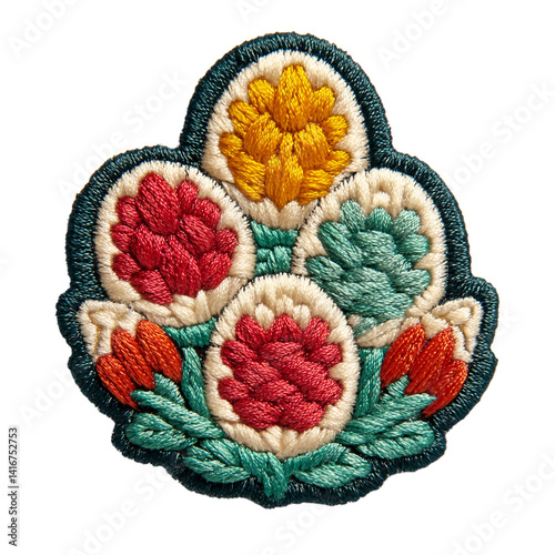 Flat, highly detailed embroidered patch featuring yarn-filled design, shaped like juggling Easter eggs. Isolated on a white background.
