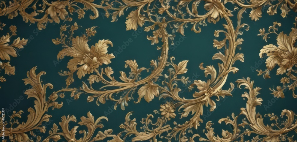 Intricate damask, swirling vines & leaves, elegant gold on deep teal , motif, teal, elegant Intricate damask, swirling vines & leaves, elegant gold on deep teal , motif, teal, elegant