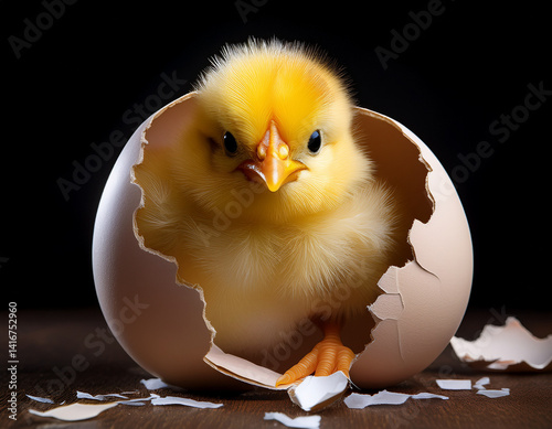 A fluffy yellow chick peeks out from a cracked eggshell, symbolizing new beginnings and the iconic imagery of the Easter holiday.