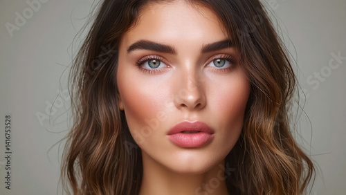 Portrait of a woman with light blue eyes full lips and wavy brown hair