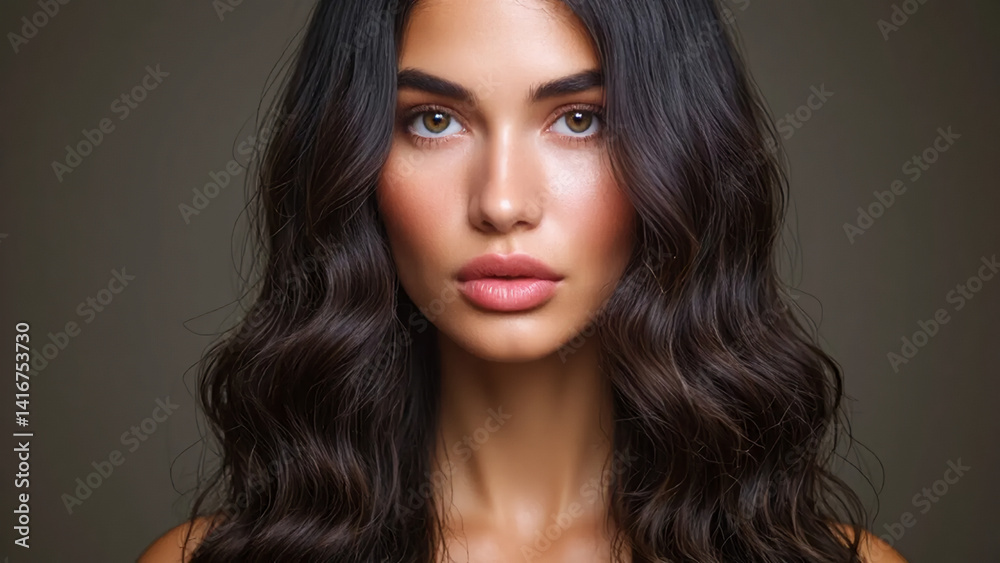 Fototapeta premium Portrait of a woman with wavy dark hair and light brown eyes