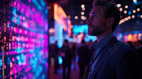 Businessman Observing Data on Large Digital Screen at Night Conference