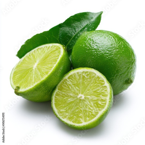Fresh limes with leaf still life on white background