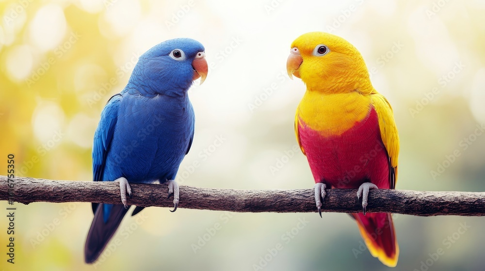 Vivid Plumage Pair Perched on Twig A Vibrant Duo of Birds Displaying Striking Blue and Red-Yellow Feathers in Naturalistic Setting Vivid Plumage Pair Perched on Twig A Vibrant Duo of Birds Displaying Striking Blue and Red-Yellow Feathers in Naturalistic Setting