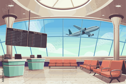 Retro mid century modern airport interior with row of orange chairs, big digital display and large airplane flying through the sky in panoramic windows.
