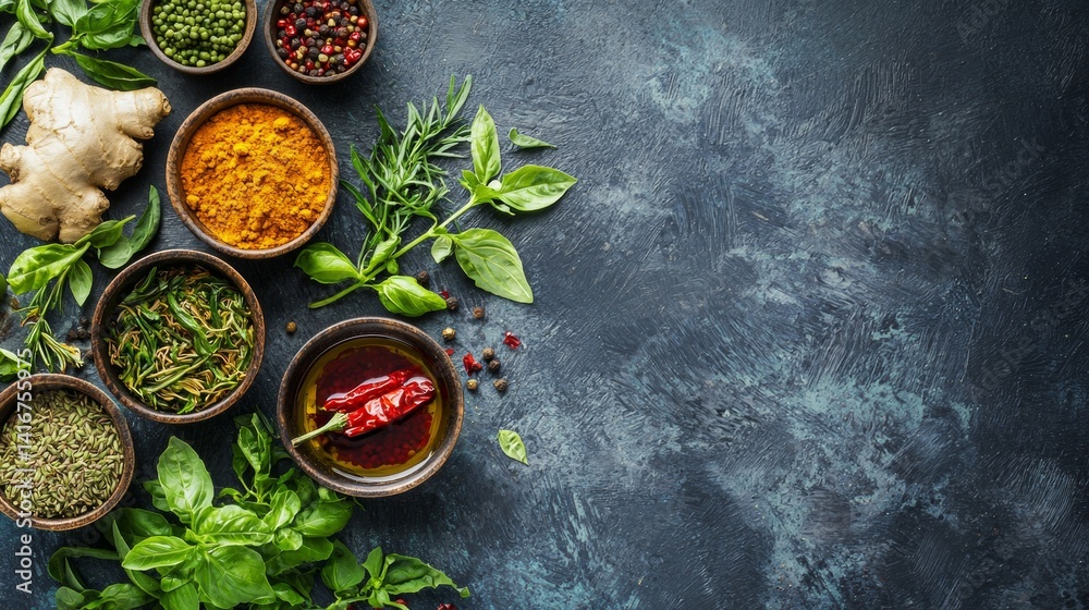 Top view of herbal ingredients with chili and fresh greens on blue slate