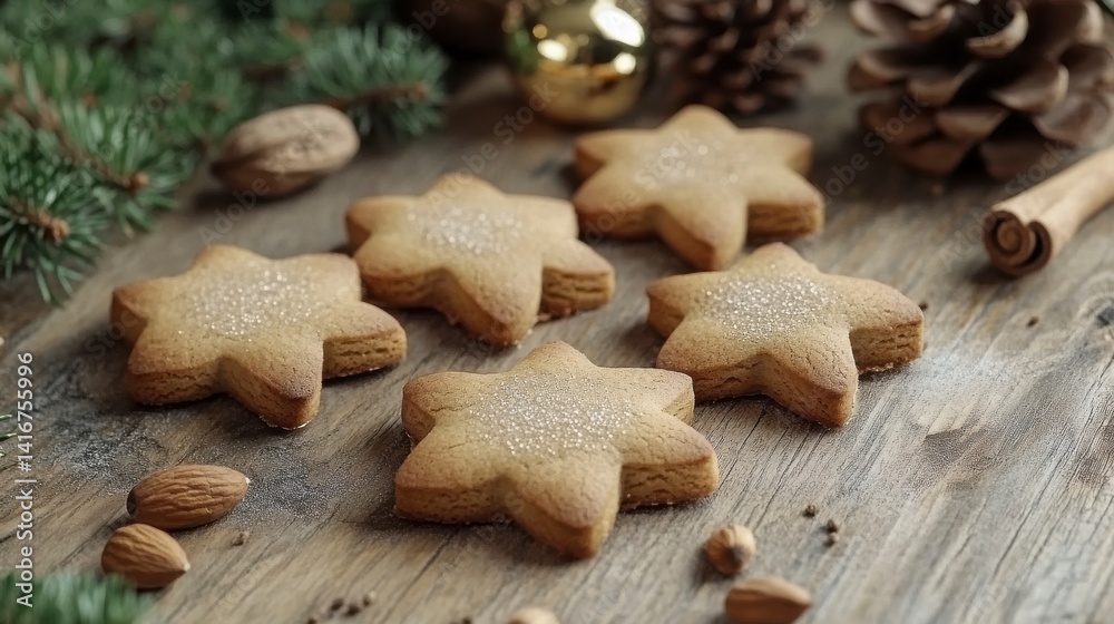 Star Shaped Sugar Cookies on Rustic Wooden Surface with Holiday Decorations Star Shaped Sugar Cookies on Rustic Wooden Surface with Holiday Decorations